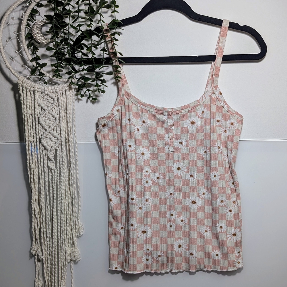 Indigo Bloom Gingham Daisy Print Tank Top - Size M